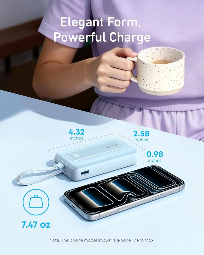 Anker Portable Charger, 10,000mAh 30W Power Bank, USB-C in and Out Fast Charging Battery Pack, Travel Essential Phone Power Bank, for iPhone 17/16, Galaxy and More (Pink, 10000, Milliamp Hours)