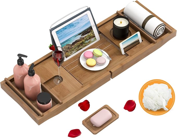 Domax Bathtub Caddy Tray Expandable Bamboo Bath Tub Tray for Luxury Bath with Book Holder Free Soap Dish Brown