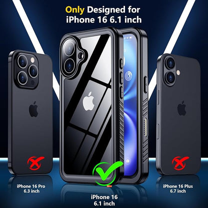 SPIDERCASE for iPhone 16 Case Waterproof, Built-in Lens & Screen Protector, Full Heavy Duty Protection, 12FT Military Shockproof, Dustproof, Anti-Scratched Phone Case,Black