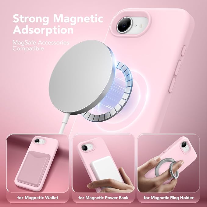 Magnetic for iPhone 17e/iPhone 16e Case, Compatible with MagSafe, [Soft Anti-Scratch Microfiber Lining] Slim Silicone Shockproof Protective Phone Case for iPhone 17e/16e 6.1", Chalk Pink
