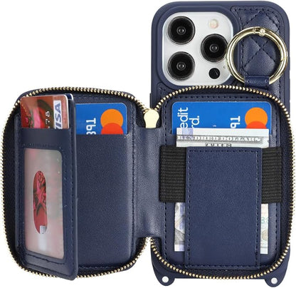 Crossbody Wallet Case for iPhone 14 Pro, PU Leather Zipper Handbag Purse Flip Cover, Kickstand Folio Case with Card Slots Holder Wrist Strap Lanyard 5G 6.1 Inch-Blue