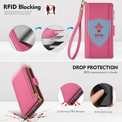 Antsturdy Compatible with iPhone 16 Plus Wallet Case,RFID Blocking PU Leather Phone Case Women Men Kickstand flip Cover Wrist Strap Zipper Credit Card Holder Slots for Apple 16 Plus 6.7",Hot Pink