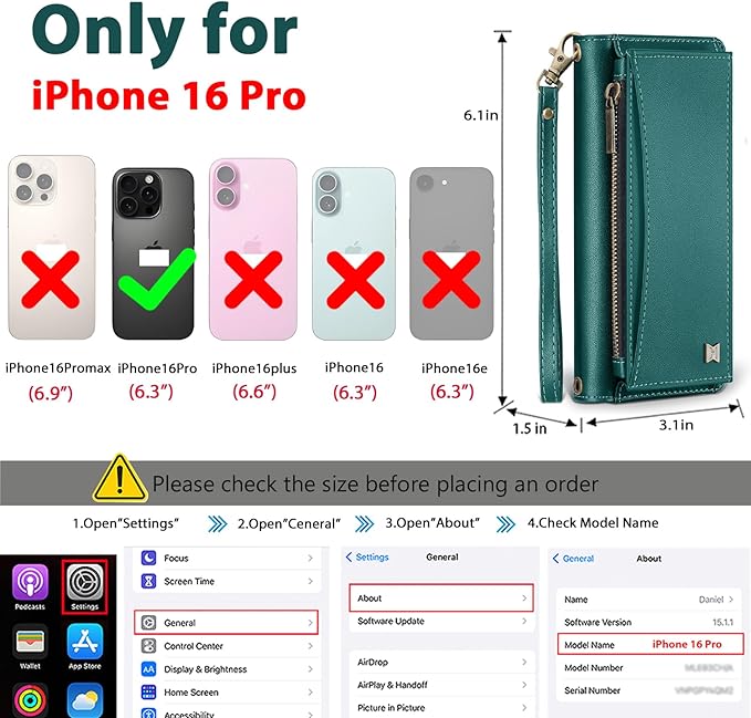 Wallet Case for iPhone 16 Pro with Card Holder/Crossbody Wallet/Strap| RFID Blocking | Magnetic | Kickstand | Detachable | PU Leather Phone Case for iPhone 16 Pro,6.3 in,Green