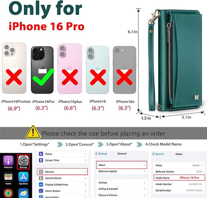 Wallet Case for iPhone 16 Pro with Card Holder/Crossbody Wallet/Strap| RFID Blocking | Magnetic | Kickstand | Detachable | PU Leather Phone Case for iPhone 16 Pro,6.3 in,Green