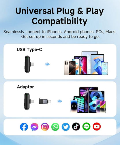 Wireless Lavalier Microphone for iPhone,AI Noise Cancelling,Lapel Mics with USB-C/Lightning Plug,Magnetic Mic,40H Battery Life for iPhone17/16/15/Android/PC/Tablet,Case for Stream,Vlog,TikTok,YouTube