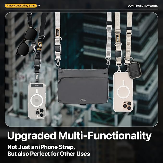 MAGEASY 20mm FidLock Dual Crossbody Utility Strap- Adjustable Crossbody Phone Lanyard with Magnetic Quick Release Buckle, Universal Durable Strap for iPhone 16 Pro Max & Most Smartphones - Starlight