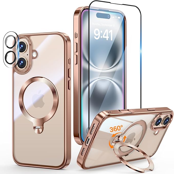 [Tri-Shield Protection] for iPhone 16 Plus Case with 360° Spin Stand Compatible with MagSafe [Magnetic CD Ring] [Screen & Camera Lens Protector] Shockproof Plating Never-Yellowing, Desert Gold-6.7"
