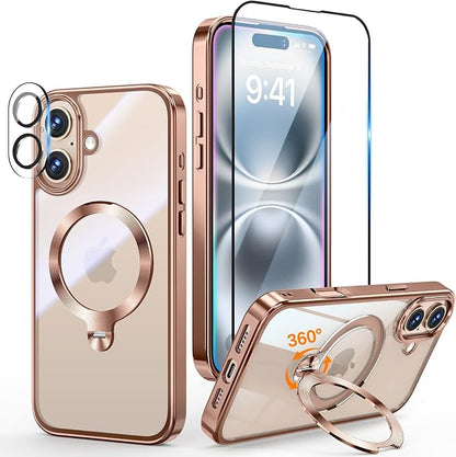 [Tri-Shield Protection] for iPhone 16 Plus Case with 360° Spin Stand Compatible with MagSafe [Magnetic CD Ring] [Screen & Camera Lens Protector] Shockproof Plating Never-Yellowing, Desert Gold-6.7"
