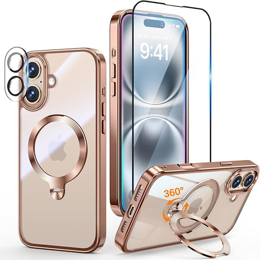 [Tri-Shield Protection] for iPhone 16 Plus Case with 360° Spin Stand Compatible with MagSafe [Magnetic CD Ring] [Screen & Camera Lens Protector] Shockproof Plating Never-Yellowing, Desert Gold-6.7"