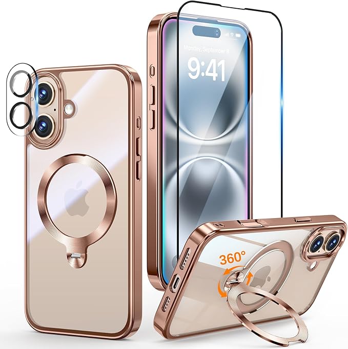 [Tri-Shield Protection] for iPhone 16 Case with 360° Spin Stand Compatible with MagSafe [Magnetic CD Ring] [Screen & Camera Lens Protector] Shockproof Plating Never-Yellowing, Desert Gold-6.1"