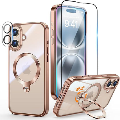 [Tri-Shield Protection] for iPhone 16 Case with 360° Spin Stand Compatible with MagSafe [Magnetic CD Ring] [Screen & Camera Lens Protector] Shockproof Plating Never-Yellowing, Desert Gold-6.1"