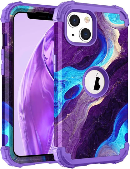 Hocase for iPhone 14 Plus Case, Heavy Duty Shockproof Protection Soft Silicone Rubber+Hard Plastic Bumpers Hybrid Protective Case for iPhone 14 Plus 6.7" 2022 - Blue Purple Marble