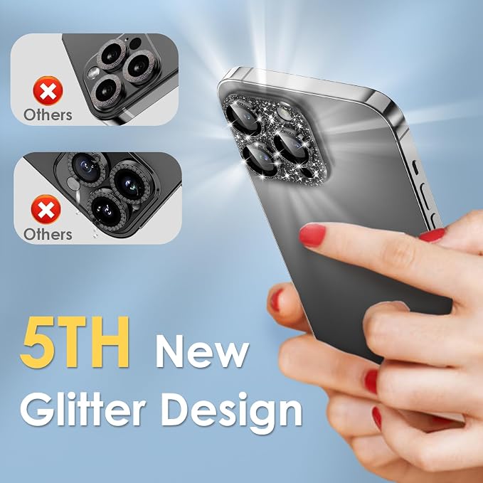 YWXTW for iPhone 15 Pro/iPhone 15 Pro Max Camera Lens Protector, [5TH Gen New Glitter Design] Full Bling Sparkly Diamond Tempered Glass Screen Protector Metal Camera Cover Accessories (Black)