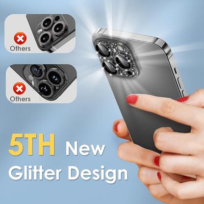 YWXTW for iPhone 15 Pro/iPhone 15 Pro Max Camera Lens Protector, [5TH Gen New Glitter Design] Full Bling Sparkly Diamond Tempered Glass Screen Protector Metal Camera Cover Accessories (Black)