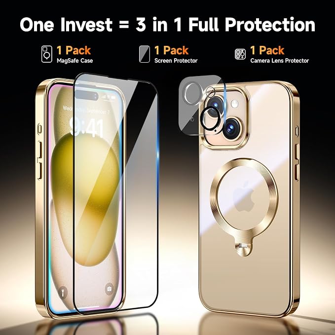 [Tri-Shield Protection] for iPhone 15 Case with 360° Spin Stand Compatible with MagSafe [Magnetic CD Ring] [Screen & Camera Lens Protector] Shockproof Plating Never-Yellowing, Gold-6.1"