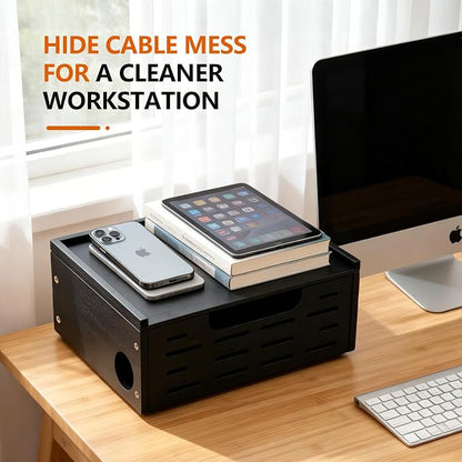 Wooden Cable Management Box – Sleek Cord Organizer & Power Strip Organzer Box Large Wire Hider for Power Strips, Chargers and Desk Cables – Floor Cord Covers Neat Storage for, Routers and USB Hubs