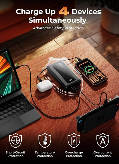 Power Bank, 50000mAh Portable Charger, Travel Camping Essential Battery Pack with Built-in Cables, PD 22.5W Fast Charging, Large Capacity Portable Phone Charger, Jet Black