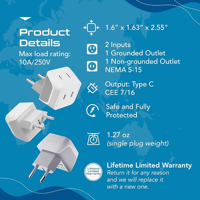 Ceptics European Travel Plug Adapter Europe Power Adaptor Charger Dual Input - Ultra Compact - Light Weight - USA to any Type C Countries such as Italy, Iceland, Austria and More (CT-9C), white | USA to Type C adapter, Lightweight Design, European Plug...