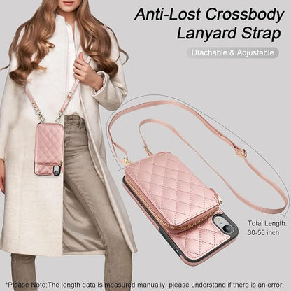 Bocasal Crossbody Wallet Case for iPhone Xr, RFID Blocking PU Leather Zipper Handbag Purse Flip Cover, Kickstand Folio Case with Card Slots Holder Wrist Strap Lanyard 6.1 Inch (Rose Gold)