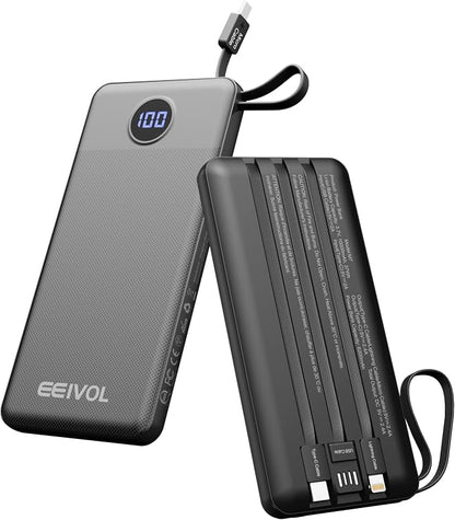 Portable Charger with Built in Cables, Slim 10000mAh Power Bank, USB C Battery Pack Travel, 4 Output 2 Input External Charging Bank for iPhone 17/16/15/14/13,Samsung, Android, etc-Black(1 Pack)
