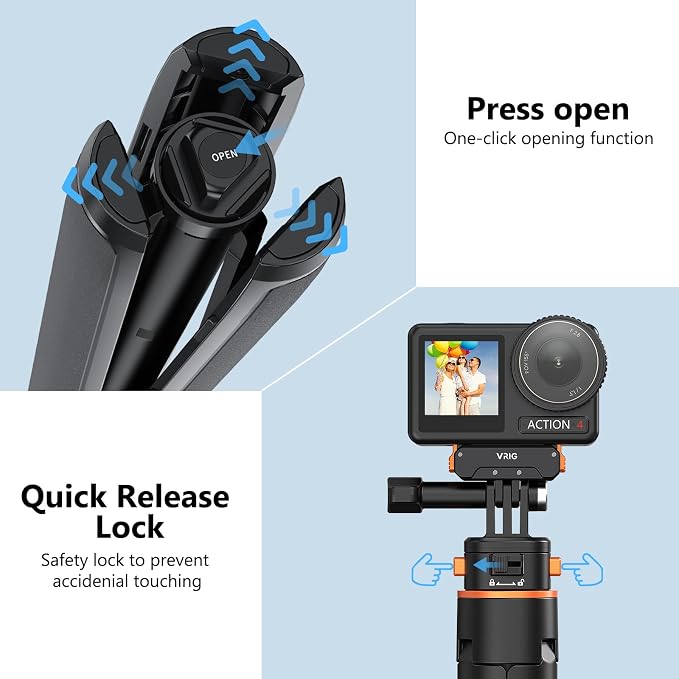 VRIG 64" OSMO Pocket 3 Selfie Stick Tripod for GoPro Camera,Extendable Tripod Stand with Quick Release 1/4" Screw for Insta360 X5/X4,DJI OSMO Action 6/5Pro/4/3,Osmo Nano,Go Pro Hero 13 12 11 10 9