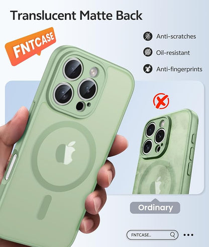 FNTCASE for iPhone 16 Pro Max Case: [Compatible with Magsafe] Translucent Matte Cases with [Full Camera Protection] [Screen Protector] Military Grade Shockproof Protective Phone Cover - Light Moss