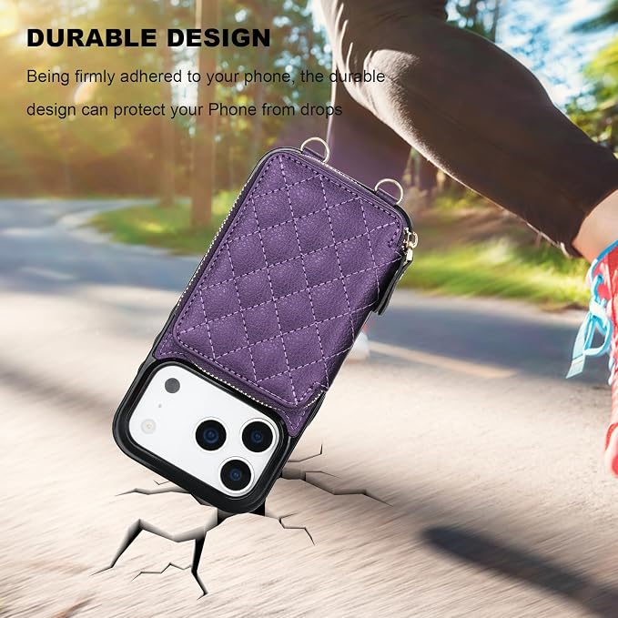 Bocasal Crossbody Wallet Case for iPhone 17 Pro, RFID Blocking PU Leather Zipper Handbag Purse Flip Cover, Kickstand Folio Case with Card Slots Holder Wrist Strap Lanyard 5G 6.3 Inch (Dark Purple)