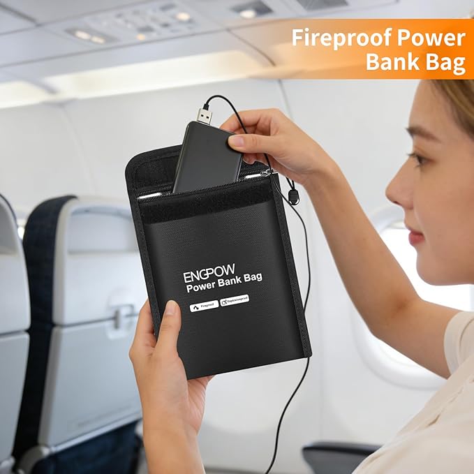 ENGPOW Fireproof Organizer Travel Bag, Heat Insulated＆Explosion-Proof Electronic Carry Case, Portable Home Travel Safe Storage for Power Bank,Phone,Cables,USB Drive and Charging Protection, 9''x7''