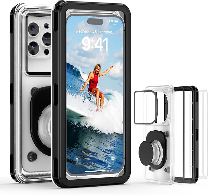 APRUT Waterproof Phone Pouch Case 7.5", 2025 Upgraded IPX8 Waterproof Phone Case for Snorkeling, Universal Fit for iPhone 16 Pro Max 15 14 13, Galaxy S25, Beach Vacation Essentials (Black)