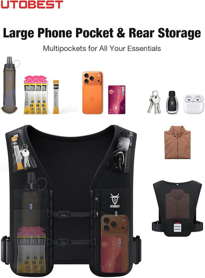 UTOBEST Running Vest for Women Men, Lightweight Running Hydration Vest Fits 500ml Soft Flask, Dual-Stage Adjustment with No Bounce, Waterproof Pocket Fits All Phones