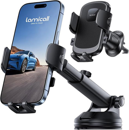 Lamicall Car Phone Holder [3-in-1 Pro Version Suction Cup] 360° Rotation Phone Holders for Your Car [Metal Hook] Cell Phone Car Mount Dashboard Vent Windshield for iPhone 17 16 15 Pro Max Smartphone
