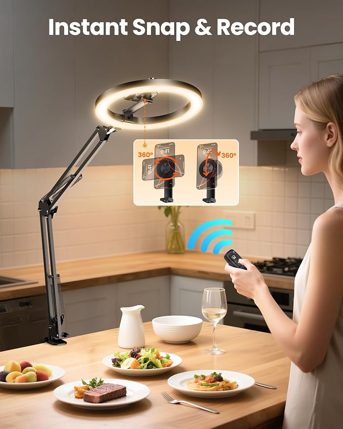 Magnetic Overhead Ring Light for Desk, 10” Selfie Light with Stand Tripod for iPhone, Adjustable Overhead Phone Mount with MagSafe-Compatible Holder for Recording, Vlogging, Crafts, TikTok, YouTube
