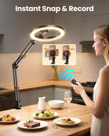 Magnetic Overhead Ring Light for Desk, 10” Selfie Light with Stand Tripod for iPhone, Adjustable Overhead Phone Mount with MagSafe-Compatible Holder for Recording, Vlogging, Crafts, TikTok, YouTube