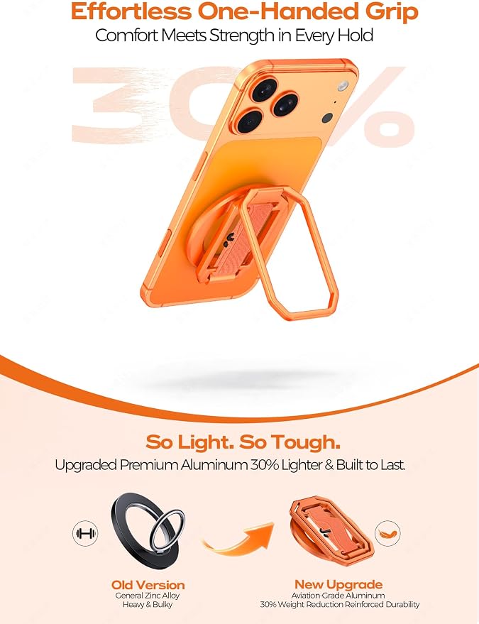 All-Aluminum Magnetic Phone Grip & Stand for Desk, Bed & On-the-Go – Compatible with MagSafe – Secure One-Hand Hold, Comfortable Scrolling, Hands-Free Video Calls, Sunset Orange