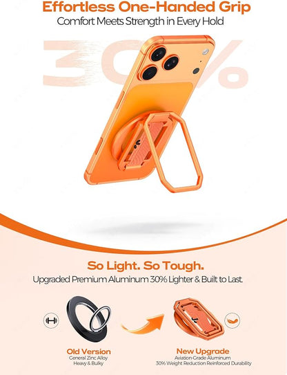 All-Aluminum Magnetic Phone Grip & Stand for Desk, Bed & On-the-Go – Compatible with MagSafe – Secure One-Hand Hold, Comfortable Scrolling, Hands-Free Video Calls, Sunset Orange