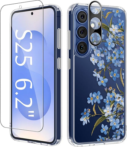GVIEWIN for Samsung Galaxy S25 Case, Clear Floral Slim Shockproof Protective Women Phone Case, Non-Yellowing, with Screen Protector & Camera Lens Protector for Galaxy S25 6.2", Aconite/Blue