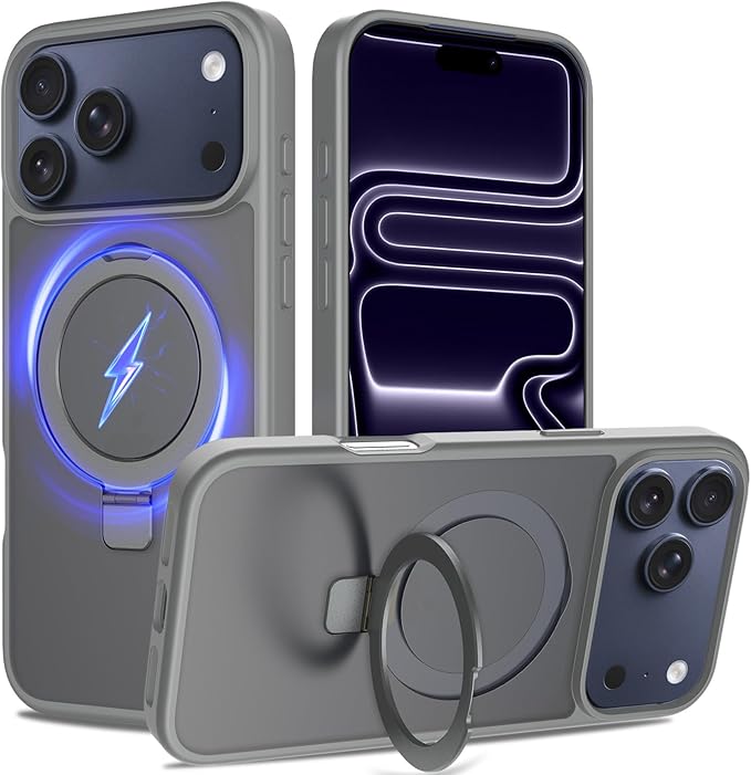 Ultra-Magnetic Stand for iPhone 17 Pro Case [Military Drop Protection] [Compatible with MagSafe] Shockproof Translucent Matte Slim Ring Holder Case for iPhone 17 Pro (Gray)