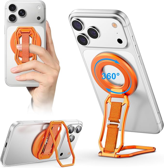 Oerwin for Magsafe Phone Grip Stand, 6-in-1 Magnetic Phone Holder for Magsafe Kickstand, 360° Rotation Phone Ring Holder with Elastic Strap, Compatible with iPhone 17/16/15/14/13/12 Series & Android