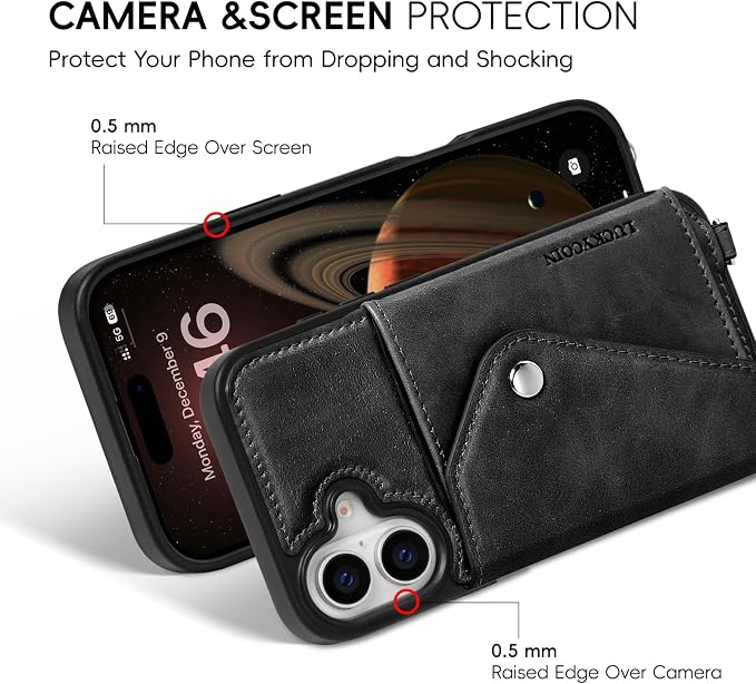 LUCKYCOIN for iPhone 17 Crossbody Wallet Case – Genuine Leather Phone Purse with Adjustable Strap and Card Holder,Lanyard Phone Purse Case for Women,Vintage Black