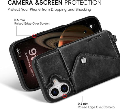 LUCKYCOIN for iPhone 17 Crossbody Wallet Case – Genuine Leather Phone Purse with Adjustable Strap and Card Holder,Lanyard Phone Purse Case for Women,Vintage Black