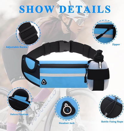 Fanny Pack with Water Bottle Holder for Running Hiking Hydration Marathon Exercise Outdoor, Slim Running Belt for Men Waterproof Waist Bag for Women Girls Kids Cell Phone iPhone Carrier Blue