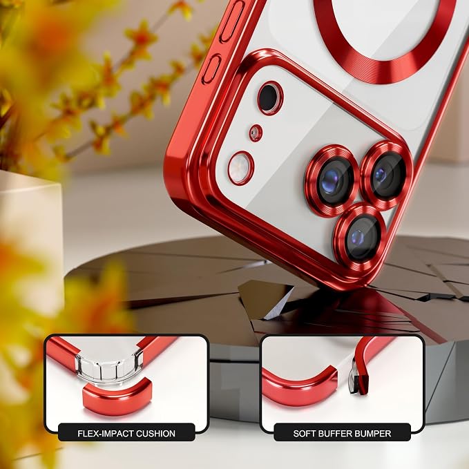 Misea Magnetic for iPhone 17 Pro Case Compatible with MagSafe [Never Yellowing] [Military Grade Drop Protection] Full Camera Lens Protector Plating Soft Clear Phone Case for Women, Red