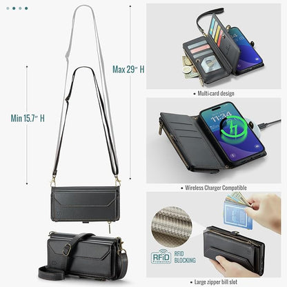 Strapurs Wallet Case Compatible with iPhone 16 Pro 6.3" RFID Blocking 10-Card Holder Soft PU Leather Magnetic Snap Shoulder Strap Zipper Pocket Phone Case Fit for iPhone 16 Pro for Women - Black