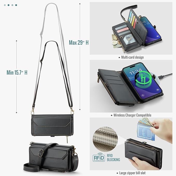 Strapurs Wallet Case Compatible with iPhone 16 Pro Max 6.9" RFID Blocking 10-Card Holder Soft PU Leather Magnetic Snap Shoulder Strap Zipper Pocket Phone Case Fit for iPhone 16 Pro Max - Black