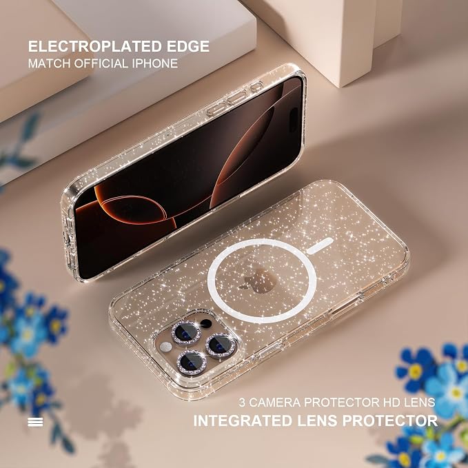 Choiche for iPhone 16 Pro Max Case Magnetic, Women Clear Glitter Bling Sparkly Case, [3xDiamond Camera Lens Protectors] [2xTempered Glass Screen Protectors] [Compatible MagSafe] 6.9"(Glitter Clear)
