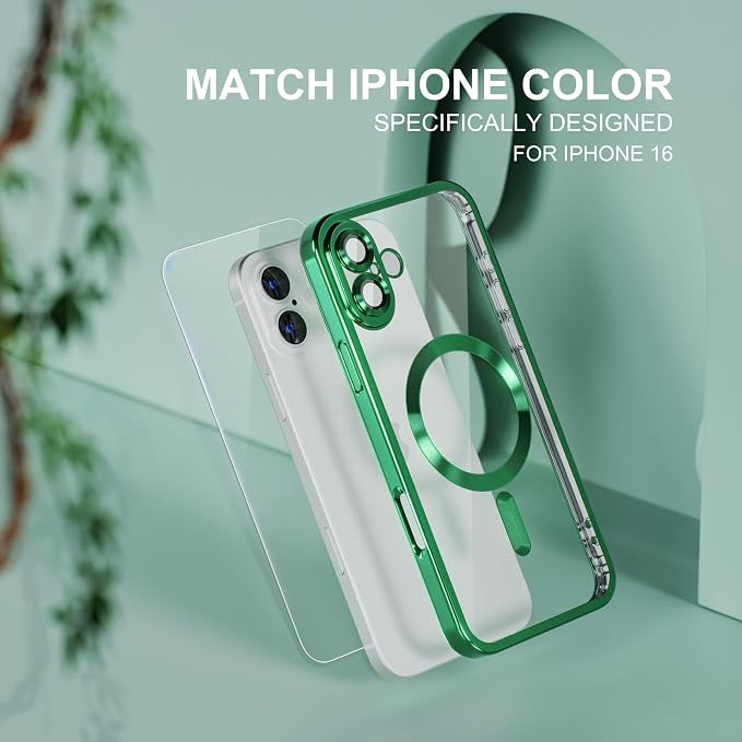 Misea Magnetic for iPhone 16 Case Compatible with MagSafe [Never Yellowing] [Military Grade Drop Protection] Full Camera Lens Protector Plating Soft Clear Phone Case for Women 6.1 inch, Green