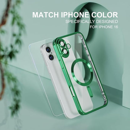 Misea Magnetic for iPhone 16 Case Compatible with MagSafe [Never Yellowing] [Military Grade Drop Protection] Full Camera Lens Protector Plating Soft Clear Phone Case for Women 6.1 inch, Green