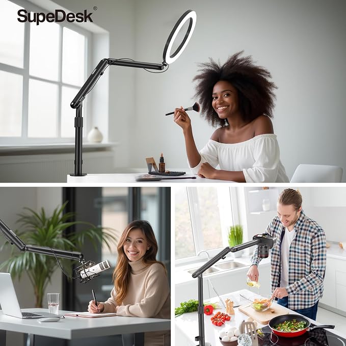 Overhead Camera Mount, Adjustable Desk Mount with Flexible Aluminum Spring Arm, 360° Ball Head, 1/4" 3/8" Screw & Phone Clamp for DSLR Cameras, Light, Heavy Microphones, and Smartphones