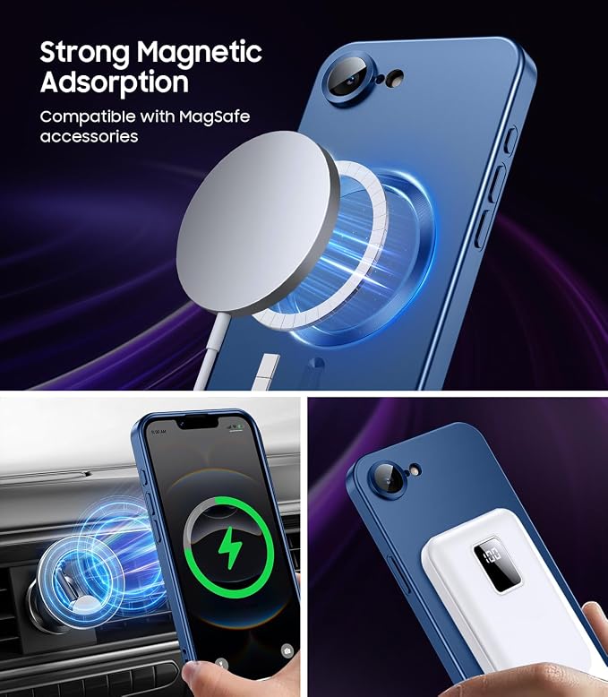 Magnetic for iPhone 17e Case/iPhone 16e Case [Compatible with MagSafe][Built-in Camera Lens Protector] Slim Soft Silicone Bumper Shockproof Metallic Luster 17e Phone Case (Blue)