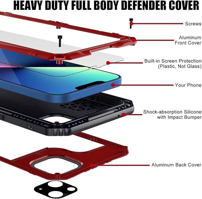 Mitywah Waterproof Case for iPhone 13, Heavy Duty Military Grade Drop Protection Phone Case with Built-in Screen Protector, 360° Full Body Protection Metal Armor Dropproof Case 6.1 inch, Red